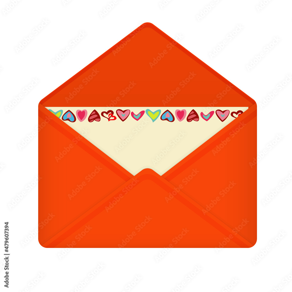 Letter in open red envelope on Valentine's Day. Postcard with frame of hearts on yellow background. Letter in open red envelope on Valentine's Day. Postcard with frame of hearts on yellow background.