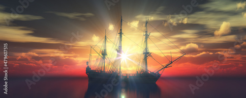 Fototapeta Naklejka Na Ścianę i Meble -  old ship sunset at sea 3d rendering