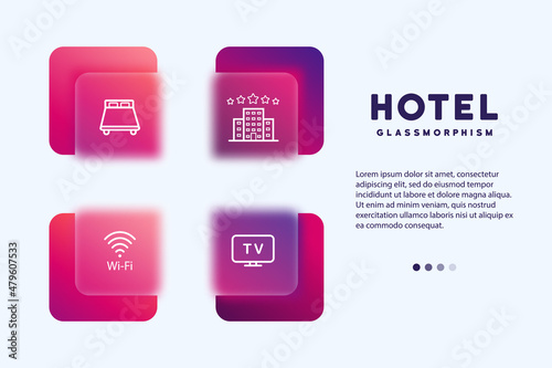 Hotel service line icons. Hotel services icon. Vector. Amenities, Hotel room. Glassmorphism style.