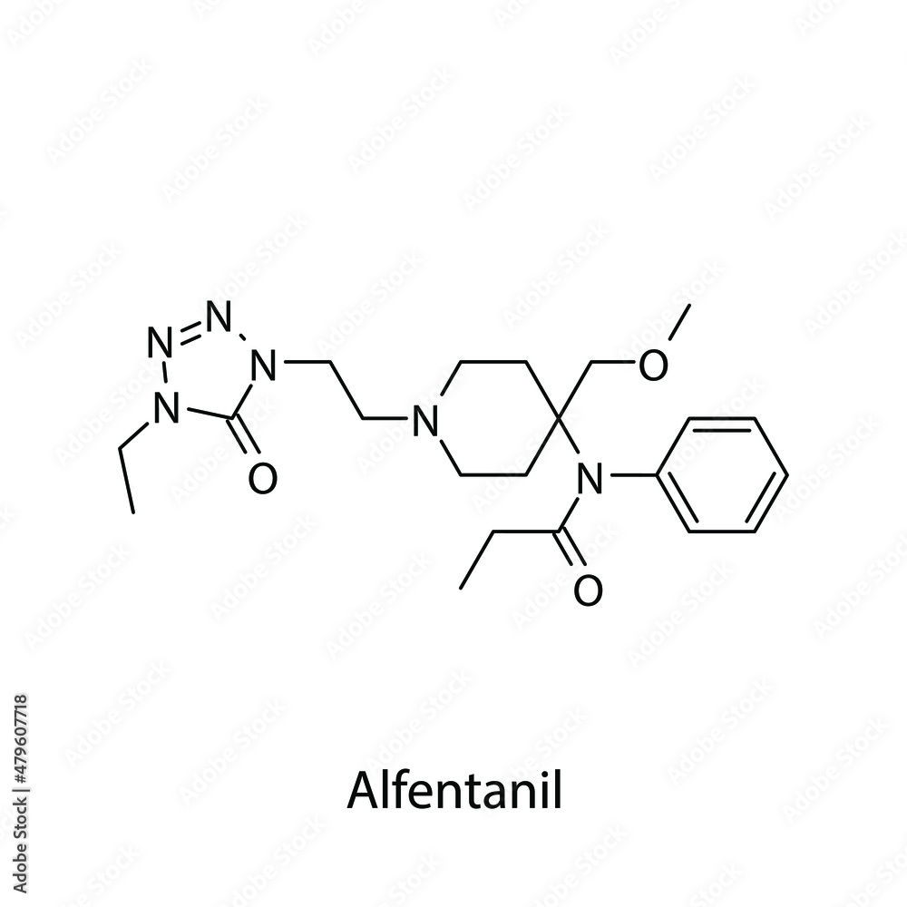 Alfentanil molecular structure, flat skeletal chemical formula. Opioid, painkiller, narcotic, analgesic . Vector illustration. Alfentanil molecular structure, flat skeletal chemical formula. Opioid, painkiller, narcotic, analgesic . Vector illustration.