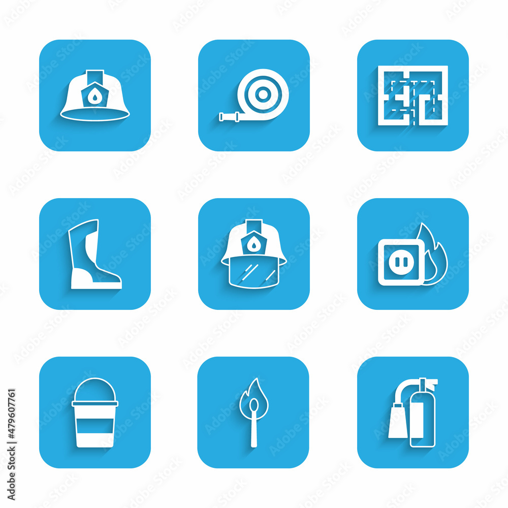 Set Firefighter helmet, Burning match with fire, extinguisher, Electric wiring of socket, bucket, boots, Evacuation plan and icon. Vector Set Firefighter helmet, Burning match with fire, extinguisher, Electric wiring of socket, bucket, boots, Evacuation plan and icon. Vector