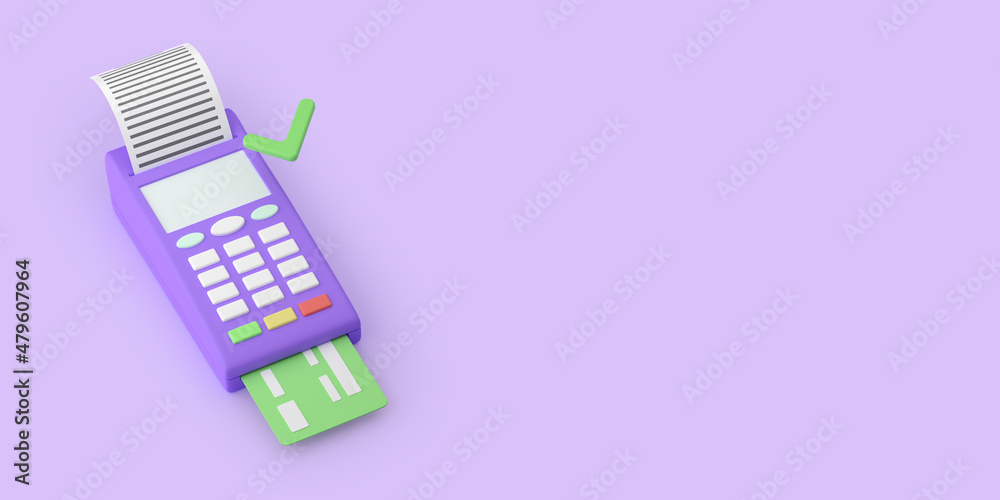 Payment terminal, cartoon style. POS terminal on purple background with check and credit card. Approved payment. 3D rendering. Payment terminal, cartoon style. POS terminal on purple background with check and credit card. Approved payment. 3D rendering.