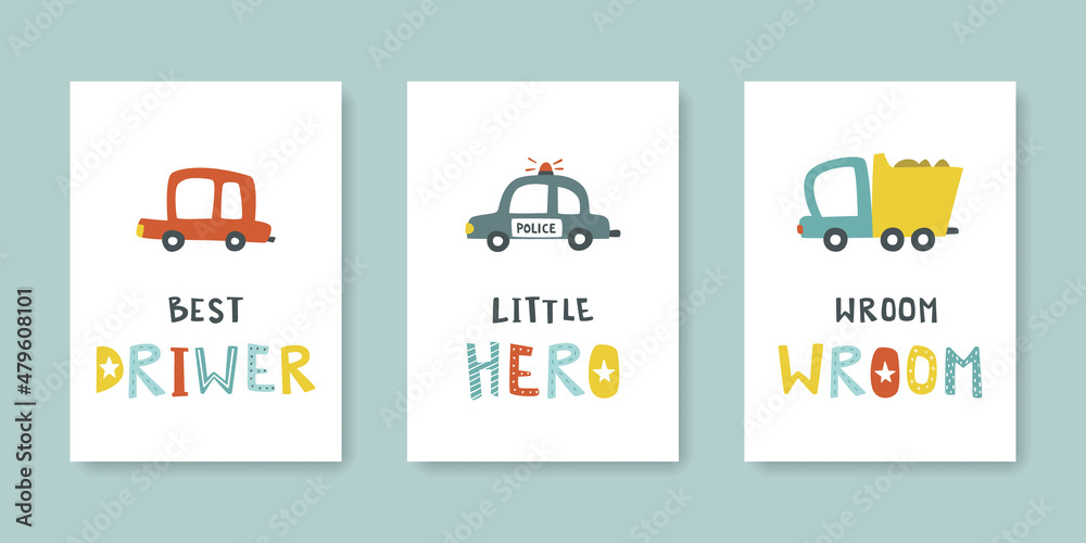 Set of baby car print for poster. Collection of naive cartoon little transport with text. Bundle of wall art with lettering for nursery.