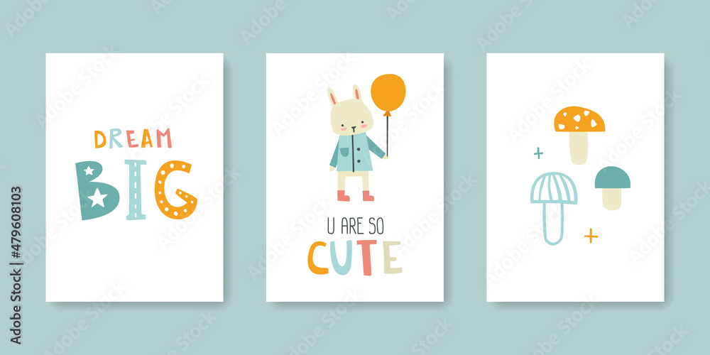 Set of cute poster for nursery with bunny, lettering, mushrooms. Collection of naive abstract prints for wall art.