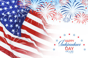 4th of july - Independence Day of USA. American national flag and fireworks on white background