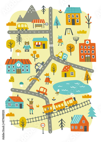 Vertical city map print for nursery carpet. Little autumn town with cars, roads, animals, houses, plants, railway, lake, hospital.