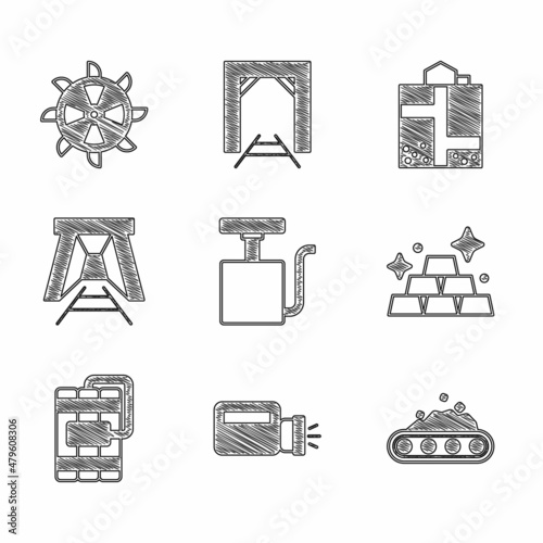 Set Handle detonator, Flashlight, Conveyor belt carrying coal, Gold bars, Dynamite, Mine entrance, and Bucket wheel excavator icon. Vector