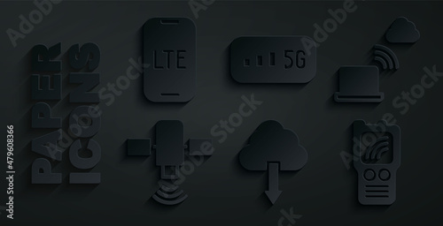 Set Cloud download, Network cloud connection, Satellite, Walkie talkie, 5G wireless internet and LTE network icon. Vector