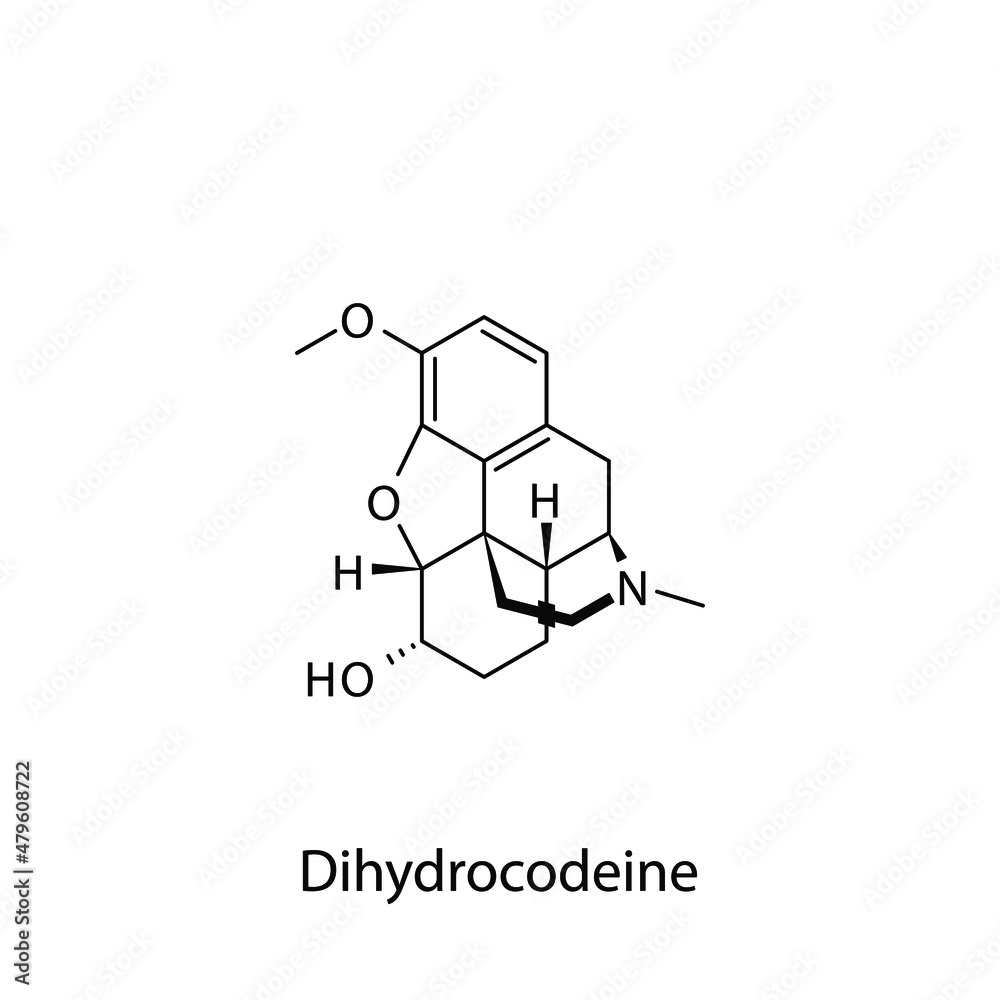 Dihydrocodeine molecular structure, flat skeletal chemical formula. Opioid, painkiller, narcotic, analgesic . Vector illustration. Dihydrocodeine molecular structure, flat skeletal chemical formula. Opioid, painkiller, narcotic, analgesic . Vector illustration.