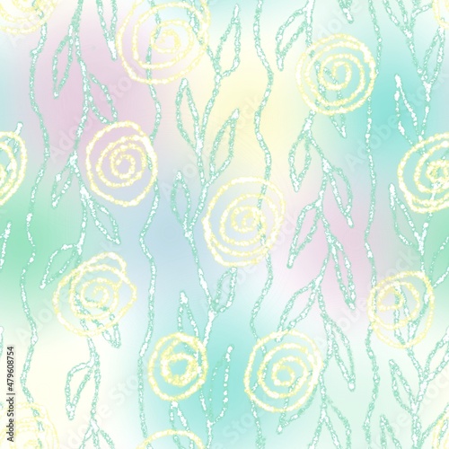 Delicate seamless abstract pattern of stilized flowers and twigs with leaves on a light background of blurred color spots. photo