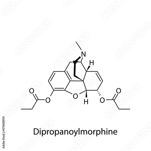 Dipropanoylmorphine molecular structure, flat skeletal chemical formula. Opioid, painkiller, narcotic, analgesic drug used to treat . Vector illustration.