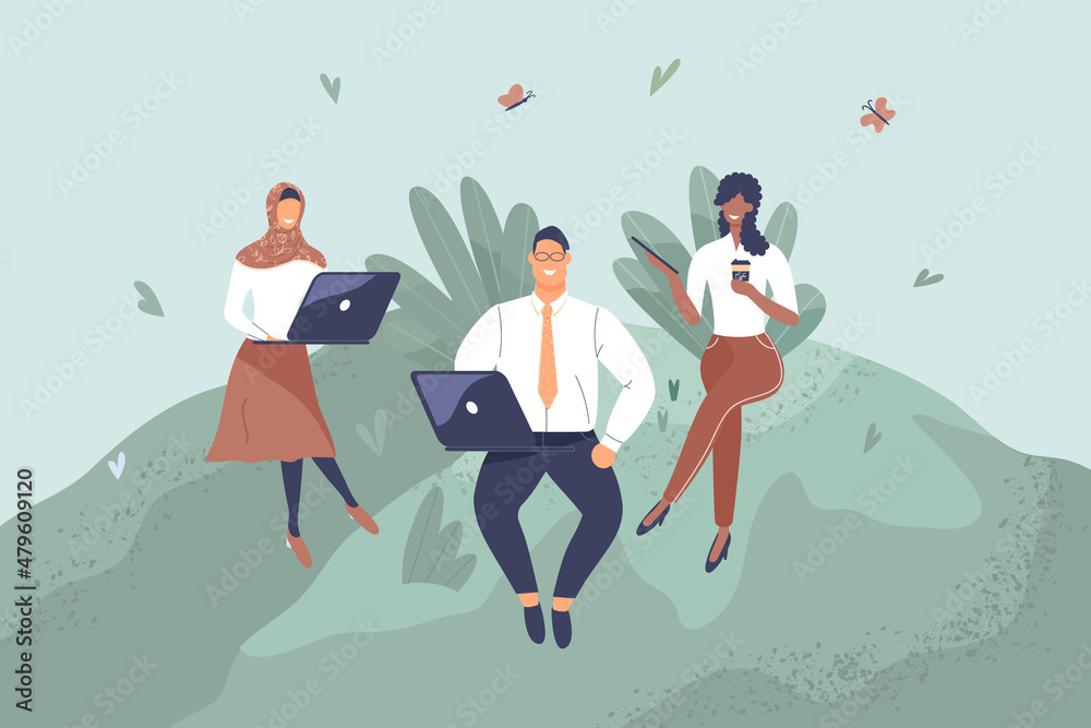 Office workers sitting on green lawn. Concept of good comfortable environment at work, favorable psychological climate,high pay and freedom of creativity for employees. Vector flat illustration