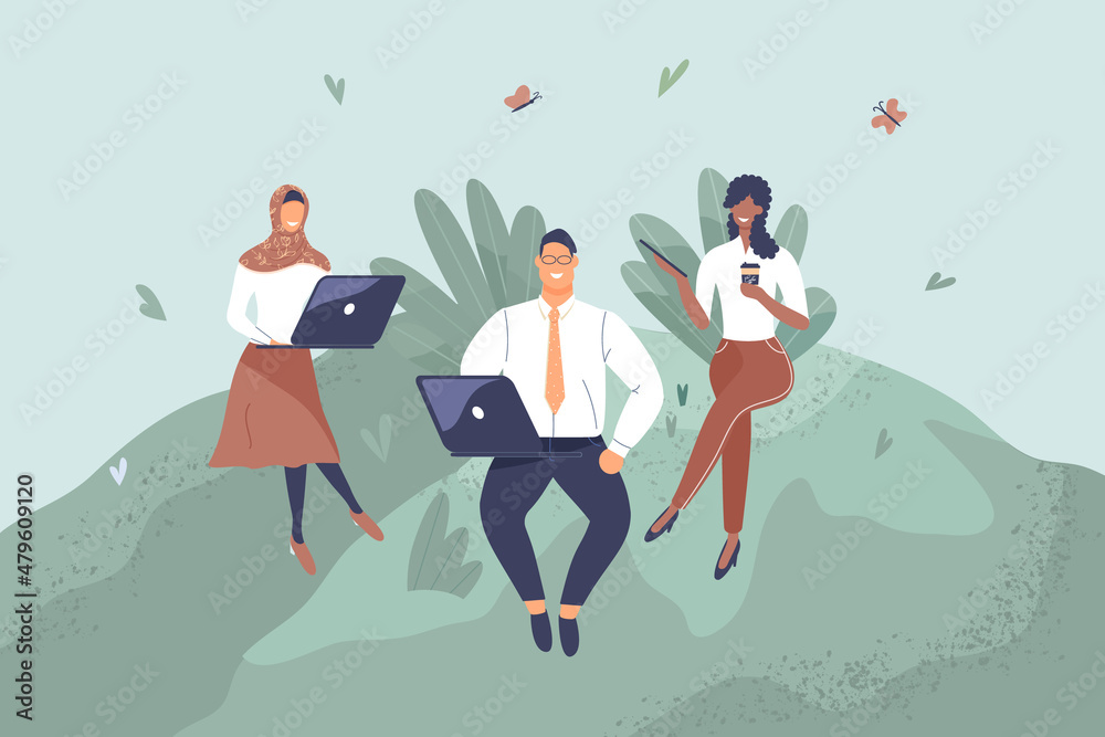 Office workers sitting on green lawn. Concept of good comfortable environment at work, favorable psychological climate,high pay and freedom of creativity for employees. Vector flat illustration Office workers sitting on green lawn. Concept of good comfortable environment at work, favorable psychological climate,high pay and freedom of creativity for employees. Vector flat illustration