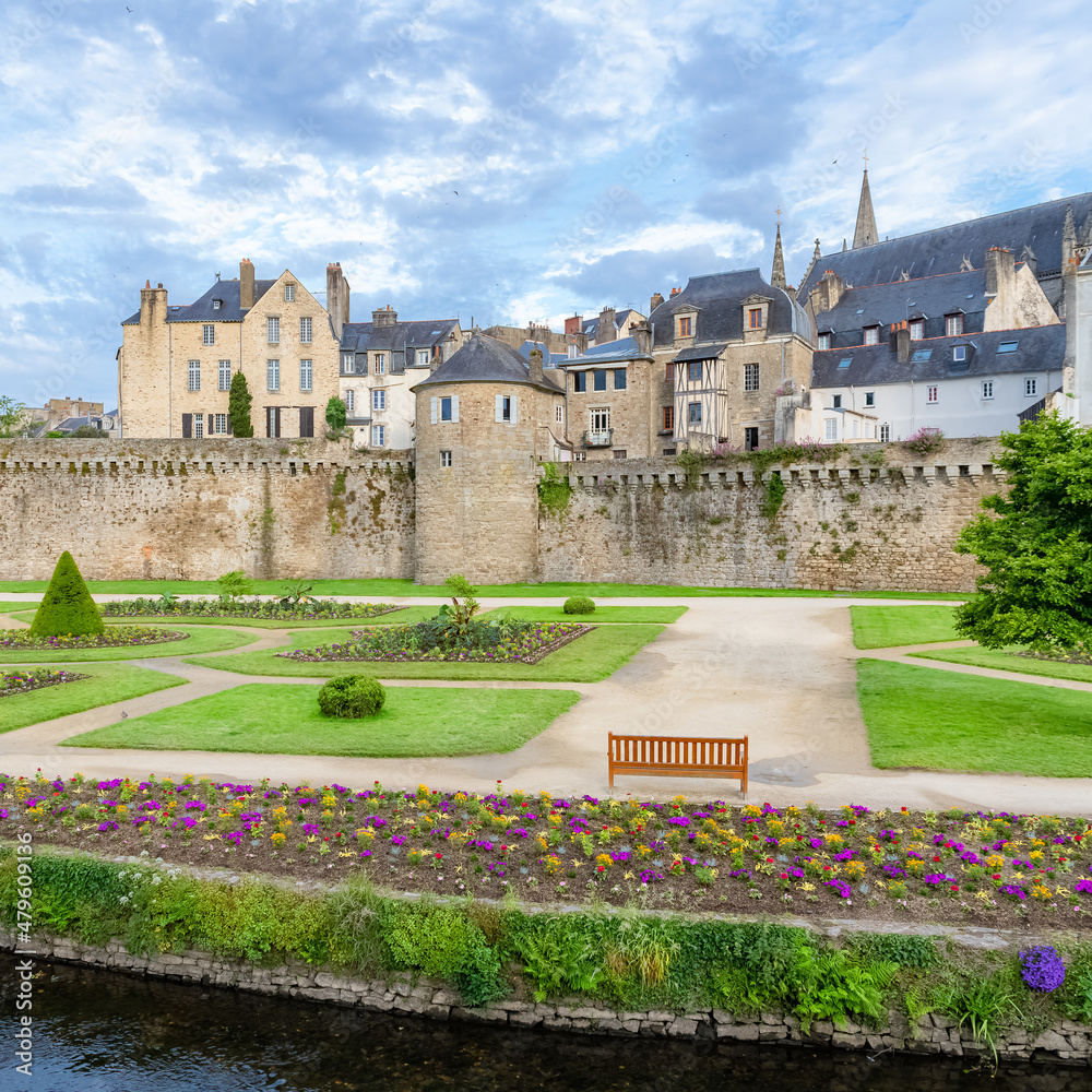 Vannes, beautiful city in Brittany, old half-timbered houses in the ramparts garden
