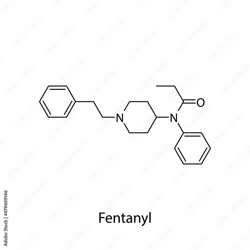 Fentanyl molecular structure, flat skeletal chemical formula. Opioid, painkiller, narcotic, analgesic . Vector illustration. Fentanyl molecular structure, flat skeletal chemical formula. Opioid, painkiller, narcotic, analgesic . Vector illustration.