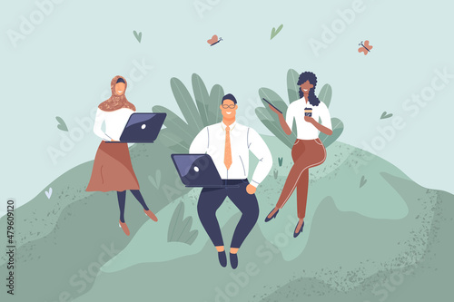 Office workers sitting on green lawn. Concept of good comfortable environment at work, favorable psychological climate,high pay and freedom of creativity for employees. Vector flat illustration