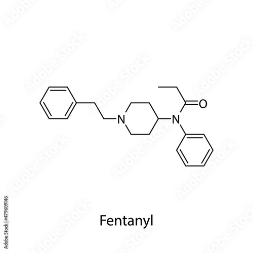 Fentanyl molecular structure, flat skeletal chemical formula. Opioid, painkiller, narcotic, analgesic . Vector illustration.