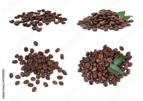 Set with roasted coffee beans on white background  top view