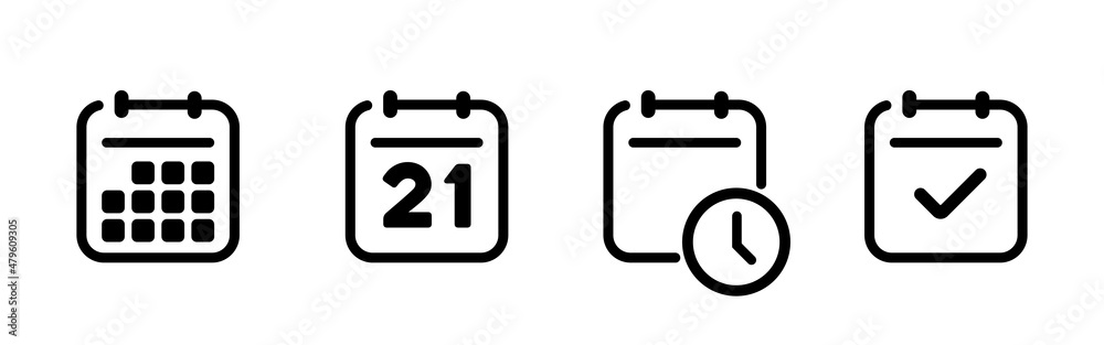 Calendar vector icons. Calendar icons vector set. Time and seasons simple contour line style signs. Vector symbols of diary, organizer, calender, week, months, year, date Calendar vector icons. Calendar icons vector set. Time and seasons simple contour line style signs. Vector symbols of diary, organizer, calender, week, months, year, date