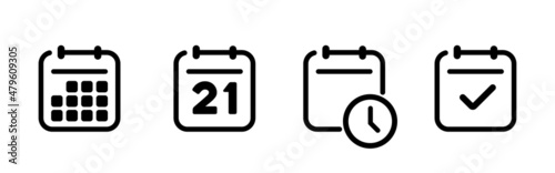 Calendar vector icons. Calendar icons vector set. Time and seasons simple contour line style signs. Vector symbols of diary, organizer, calender, week, months, year, date