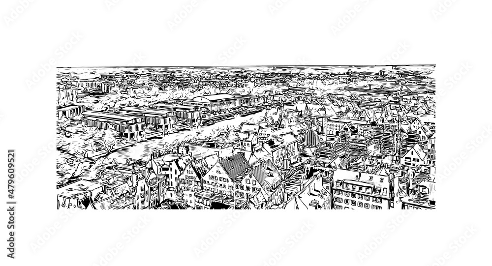 Building view with landmark of Lubeck is the 
city in Germany. Hand drawn sketch illustration in vector.