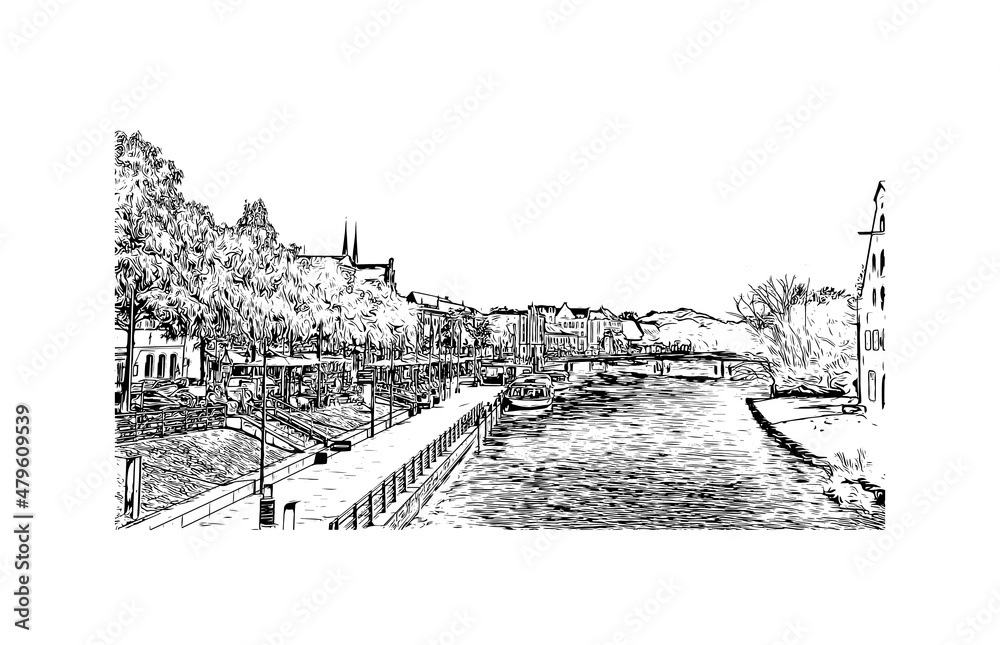 Building view with landmark of Lubeck is the 
city in Germany. Hand drawn sketch illustration in vector.