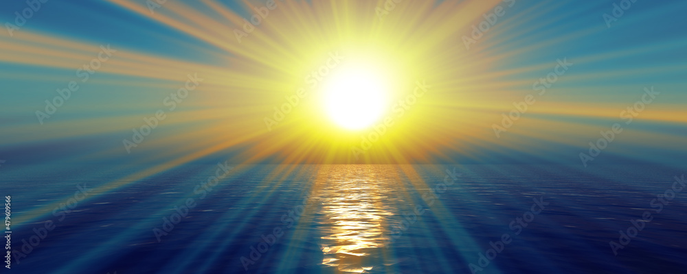 Naklejka premium sunset sea sun ray clear sky. 3d rendering