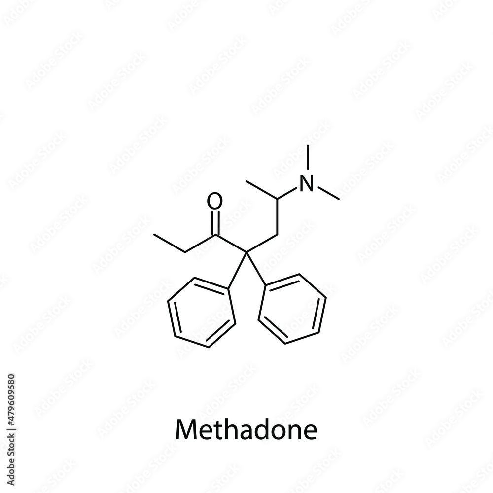Methadone molecular structure, flat skeletal chemical formula. Opioid