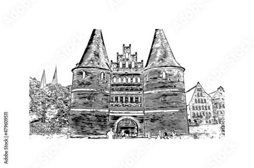 Building view with landmark of Lubeck is the 
city in Germany. Hand drawn sketch illustration in vector.