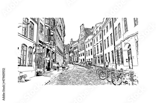 Building view with landmark of Lubeck is the  city in Germany. Hand drawn sketch illustration in vector.