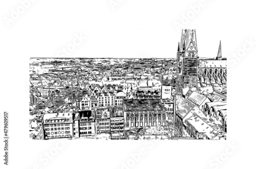 Building view with landmark of Lubeck is the city in Germany. Hand drawn sketch illustration in vector.