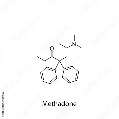 Methadone molecular structure, flat skeletal chemical formula. Opioid, painkiller, narcotic, analgesic drug used to treat . Vector illustration.