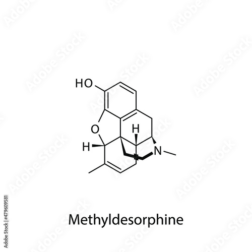 Methyldesorphine molecular structure, flat skeletal chemical formula. Opioid, painkiller, narcotic, analgesic . Vector illustration.