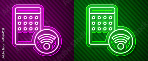 Glowing neon line Air humidifier icon isolated on purple and green background. Portable electric home appliance, home air purification and humidification. Vector