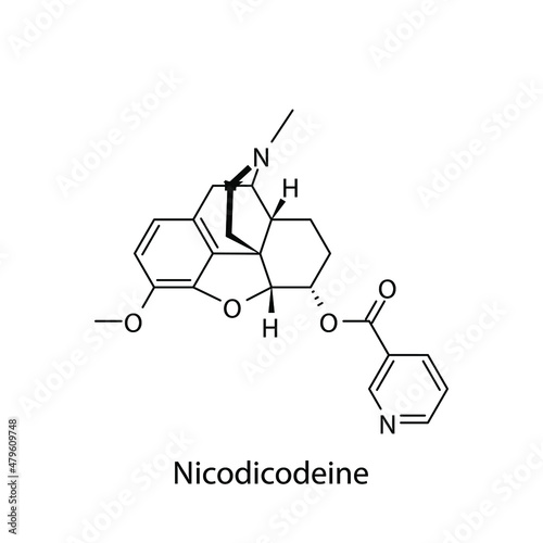 Nicodicodeine molecular structure, flat skeletal chemical formula. Opioid, painkiller, narcotic, analgesic drug used to treat . Vector illustration.