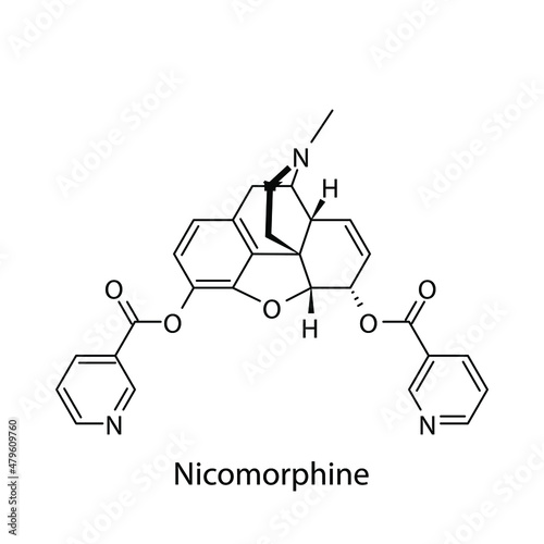 Nicomorphine molecular structure, flat skeletal chemical formula. Opioid, painkiller, narcotic, analgesic . Vector illustration.
