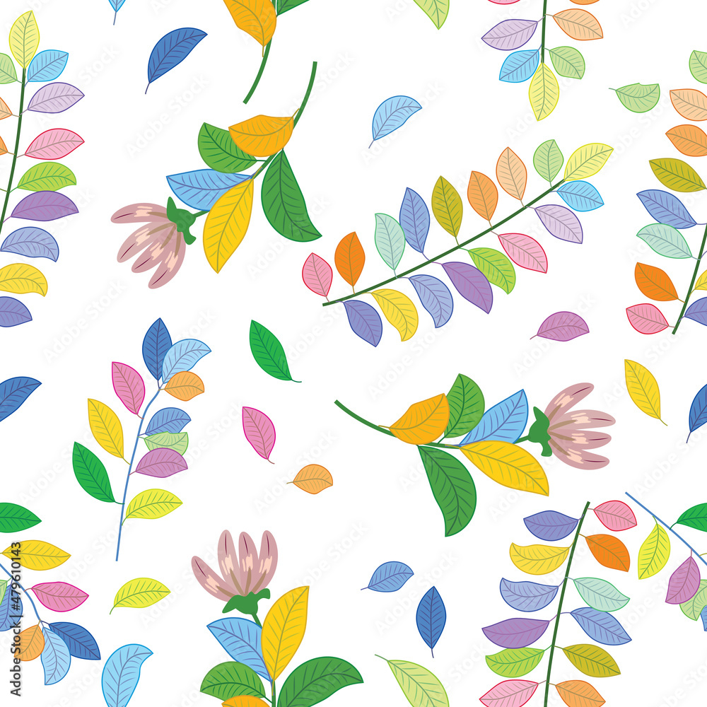Colorful seamless pattern with flower, branches and leaves drawn in vector. Natural motives background.
