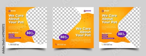 Pet care and shop square banner template design collection. Editable playful banner design with place for the photo. Usable for social media post, banner, and web ad.