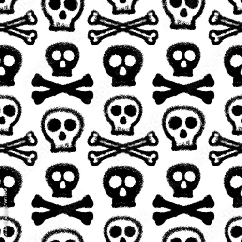 Black ink skull and bones isolated on white background. Cute monochrome seamless pattern. Vector simple flat graphic illustration. Texture.