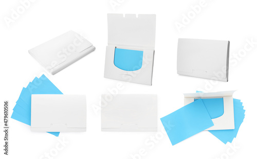 Set with facial oil blotting tissues on white background. Mattifying wipes