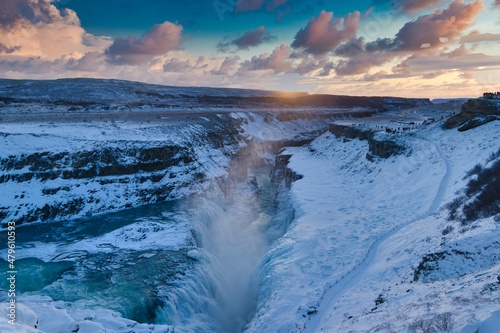 Schilderij op canvas The beautiful Waterfall Gullfoss in Winter, Golden Circle, Iceland