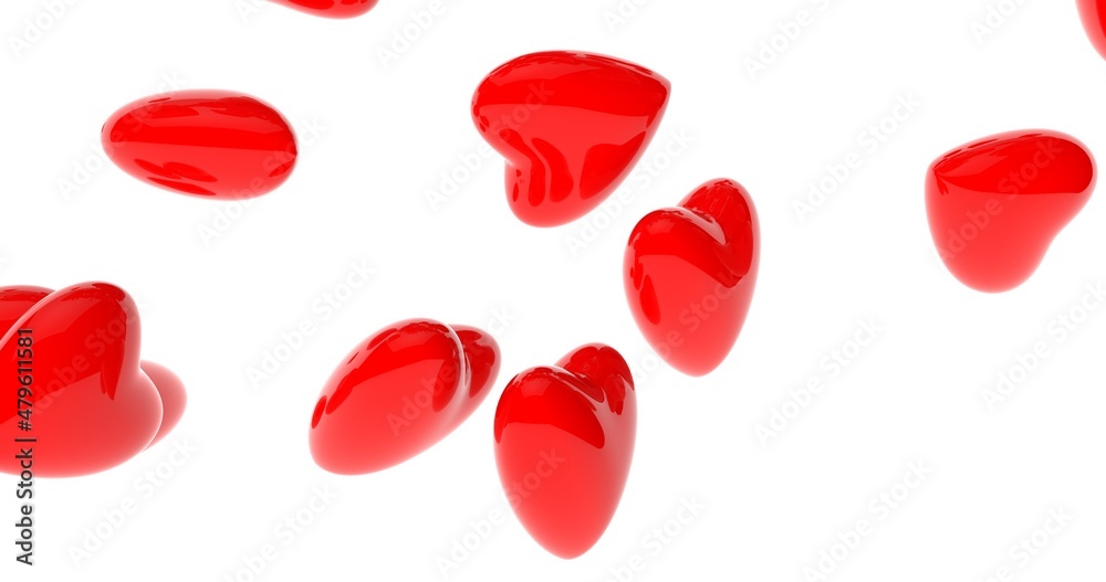 Glossy oblique hearts of the shape fall down and fill the screen. Concept for Valentine's Day. High image quality with bright light and reflections. Realistic 3D rendering Glossy oblique hearts of the shape fall down and fill the screen. Concept for Valentine's Day. High image quality with bright light and reflections. Realistic 3D rendering