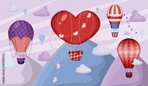 Big set of hot air balloons with clouds. Flat illustration of flying vehicles. Romantic balloons for valentine s day, 14 february. Sky with tourist balloons for flight. Cartoon style