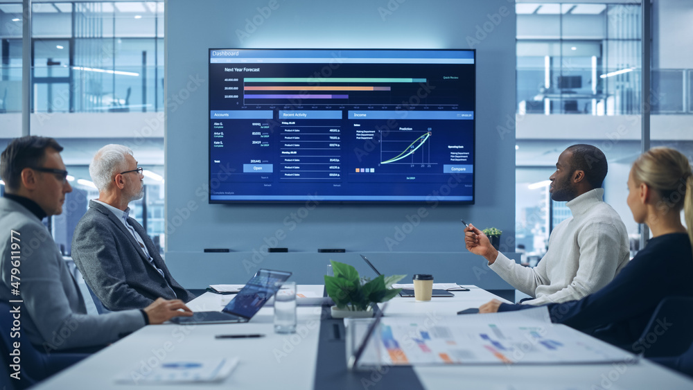 Office Conference Room Meeting: Group of Professional Entrepreneurs, Investors Talk, Use TV Screen with Infographics, Analysing Charts, Graphs, Statistics. Businesspeople Discuss Investment Strategy Office Conference Room Meeting: Group of Professional Entrepreneurs, Investors Talk, Use TV Screen with Infographics, Analysing Charts, Graphs, Statistics. Businesspeople Discuss Investment Strategy