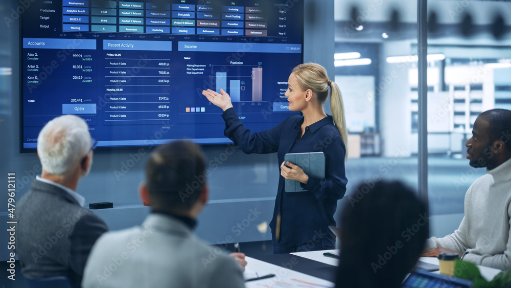 © Gorodenkoff - Diverse Modern Office: Successful Businesswoman Uses TV Screen with Big Data, Statistics, Talks about Company Growth, Discusses Strategy with Investors. Information Technology Expert Talks