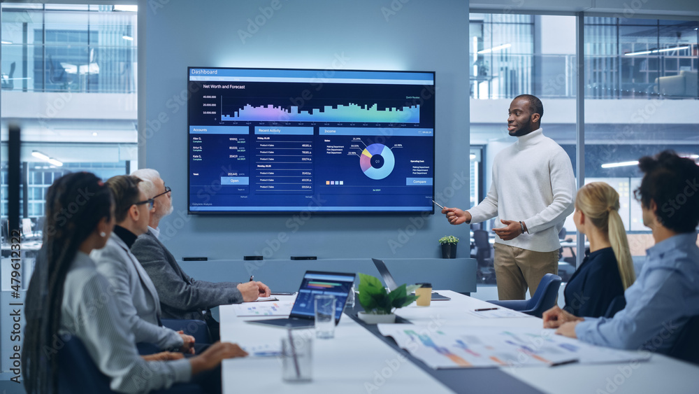 Leinwandbild Motiv - Gorodenkoff : Office Conference Room Meeting Presentation: Black Businessman Talks, Uses TV Screen to Show Company Growth with Big Data Analysis, Graphs, Charts, Infographics. e-Commerce e-Business.