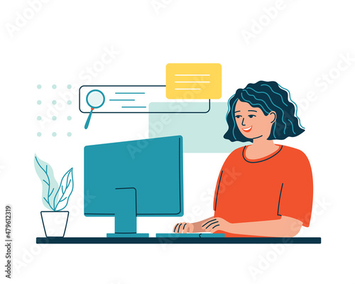 Woman with laptop working in internet. Concept of quick easy document search, system information or data organization in computer. Optimization of finding websites. Isolated flat vector illustration