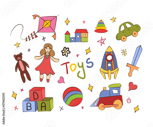 Colorful doodle set of toys. Vector illustration