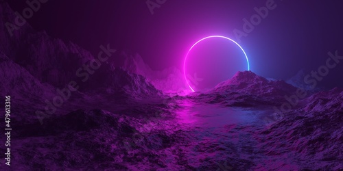 Obraz na płótnie Mountain terrain landscape with pink and blue glowing neon light circle shape an