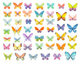 Big set of watercolor butterflies. Hand drawn colorful butterflies isolated on white background. Bright colors and various shapes of wings